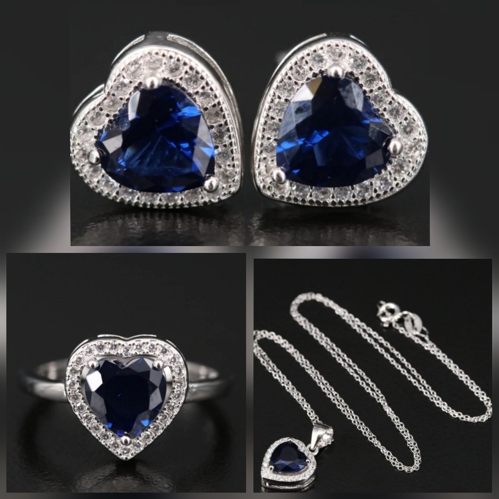 Sterling Silver Necklace, Ring, & Earrings with Deep Blue CZ Stones. NWOT